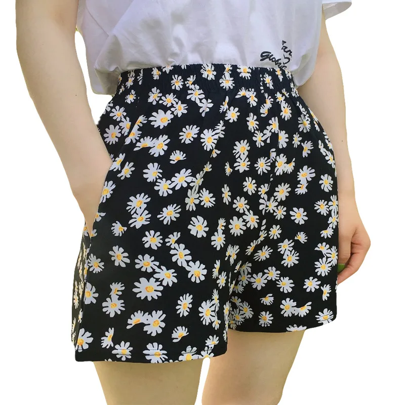 

Summer shorts women wear casual new loose-fitting small daisy wave point chiffon high-waisted wide-legged knee high shorts
