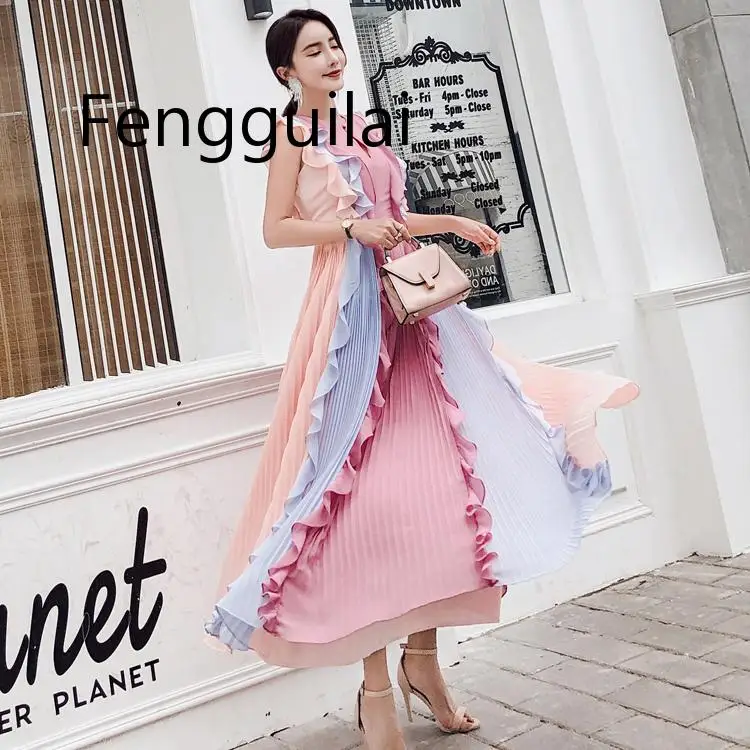 New 2019 Summer Runway Designer Pleated Maxi Dress Women Sleeveless Luxury Rainbow Color Patchwork Ruffles Chiffon Long Dress
New 2019 Summer Runway Designer Pleated Maxi Dress Women Sleeveless Luxury Rainbow Color Patchwork Ruffles Chiffon Long Dress