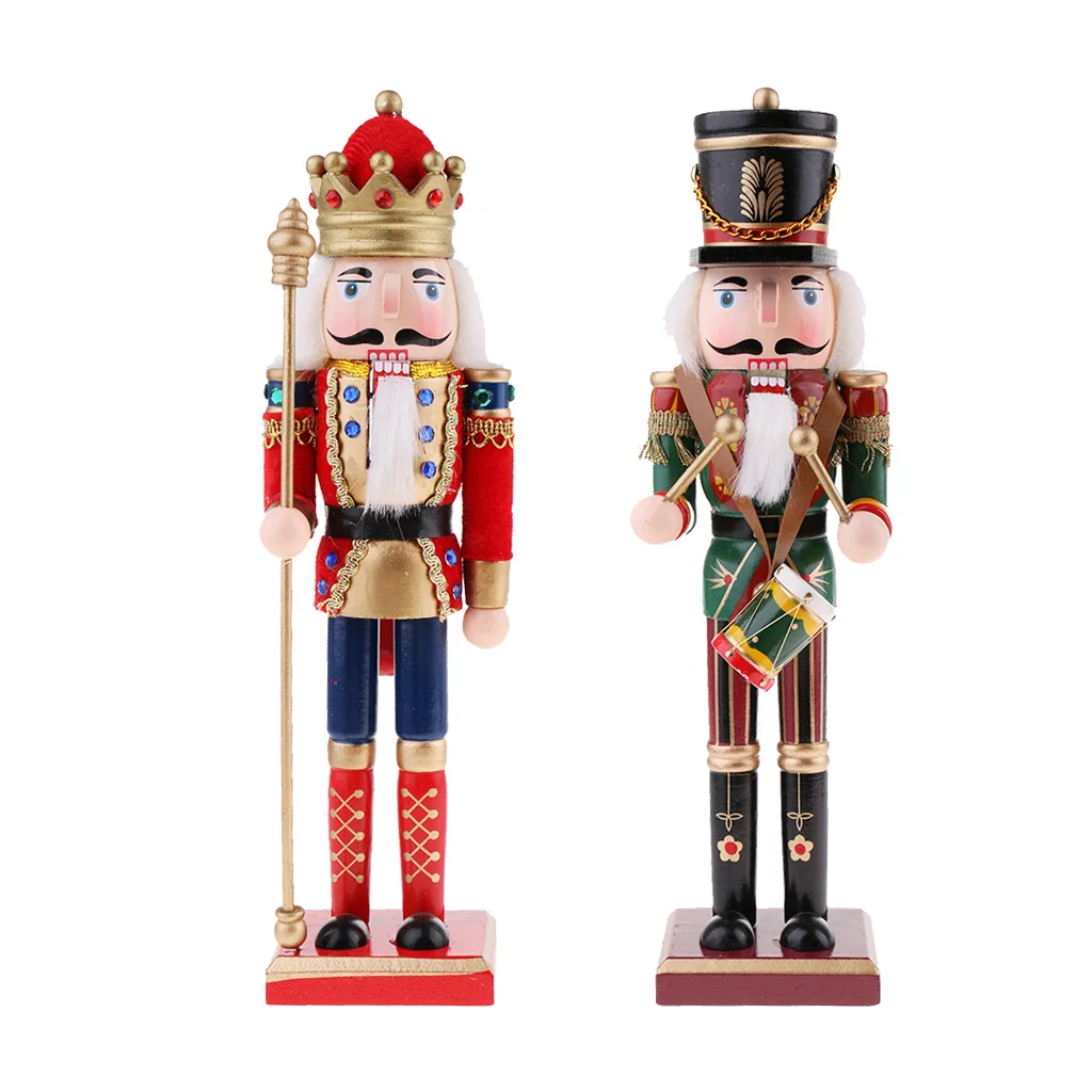 

2Pcs/Lot 30cm Hand Painted Wooden Nutcracker King Drummer Solider Figurine Puppet Doll Toy Nutcracker Soldier Display Ornament