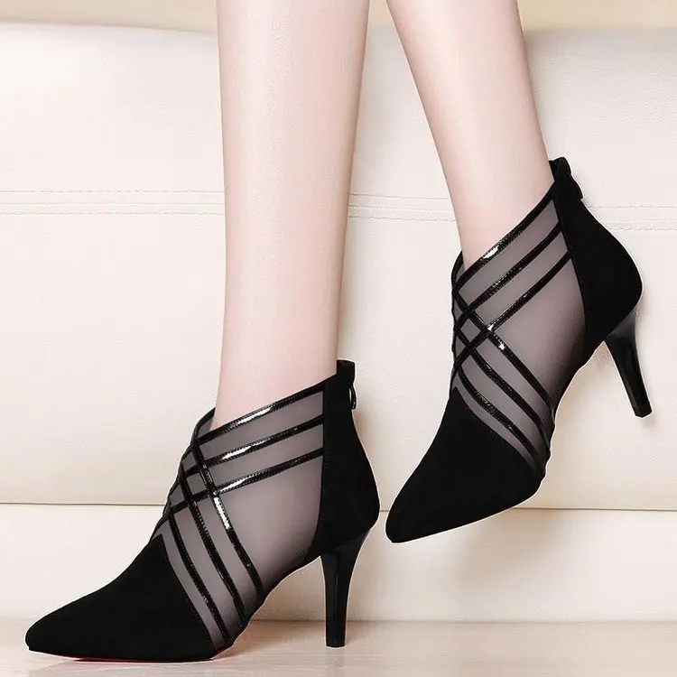 

Fashion Mesh Lace Crossed Stripe Women Ladies Casual Pointed Toe High Stilettos Heels Pumps Feminine Mujer Sandals Shoes