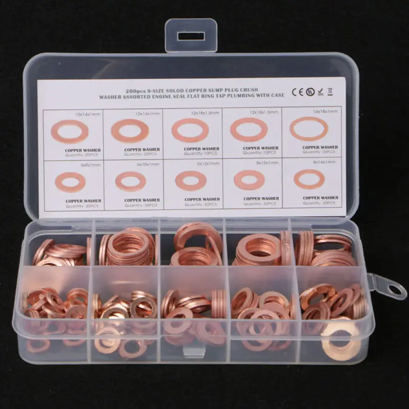 200pcs/Set Copper Washers Gasket 9 Sizes Flat Sealing Ring Kit With Transparent Plastic Box Model M5-M14
200pcs/Set Copper Washers Gasket 9 Sizes Flat Sealing Ring Kit With Transparent Plastic Box Model M5-M14