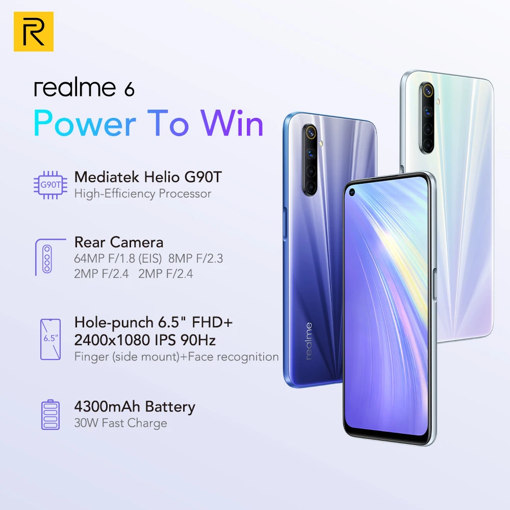 Смартфоны Realme 6 8 Гб 128 Helio G90T 30 Вт мгновенная зарядка 4300 мА/ч 64-мегапиксельная