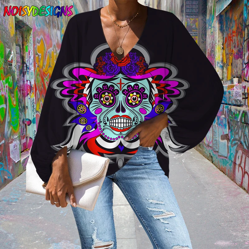 NOISYDESIGNS Skull Day of the Dead Gothic Women Blouse Casual Loose Long Sleeve Ladies Sexy V-neck Chiffon Shirt Dropshipping
NOISYDESIGNS Skull Day of the Dead Gothic Women Blouse Casual Loose Long Sleeve Ladies Sexy V-neck Chiffon Shirt Dropshipping