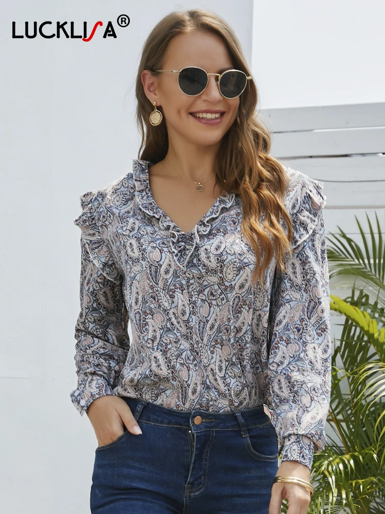 Lucklisa V-Neck Elegant Floral Blouse Women Ruffle Lng Sleeve Office Lady Casual Shirts Women Fashion Autumn New S-XL Print Top
Lucklisa V-Neck Elegant Floral Blouse Women Ruffle Lng Sleeve Office Lady Casual Shirts Women Fashion Autumn New S-XL Print Top