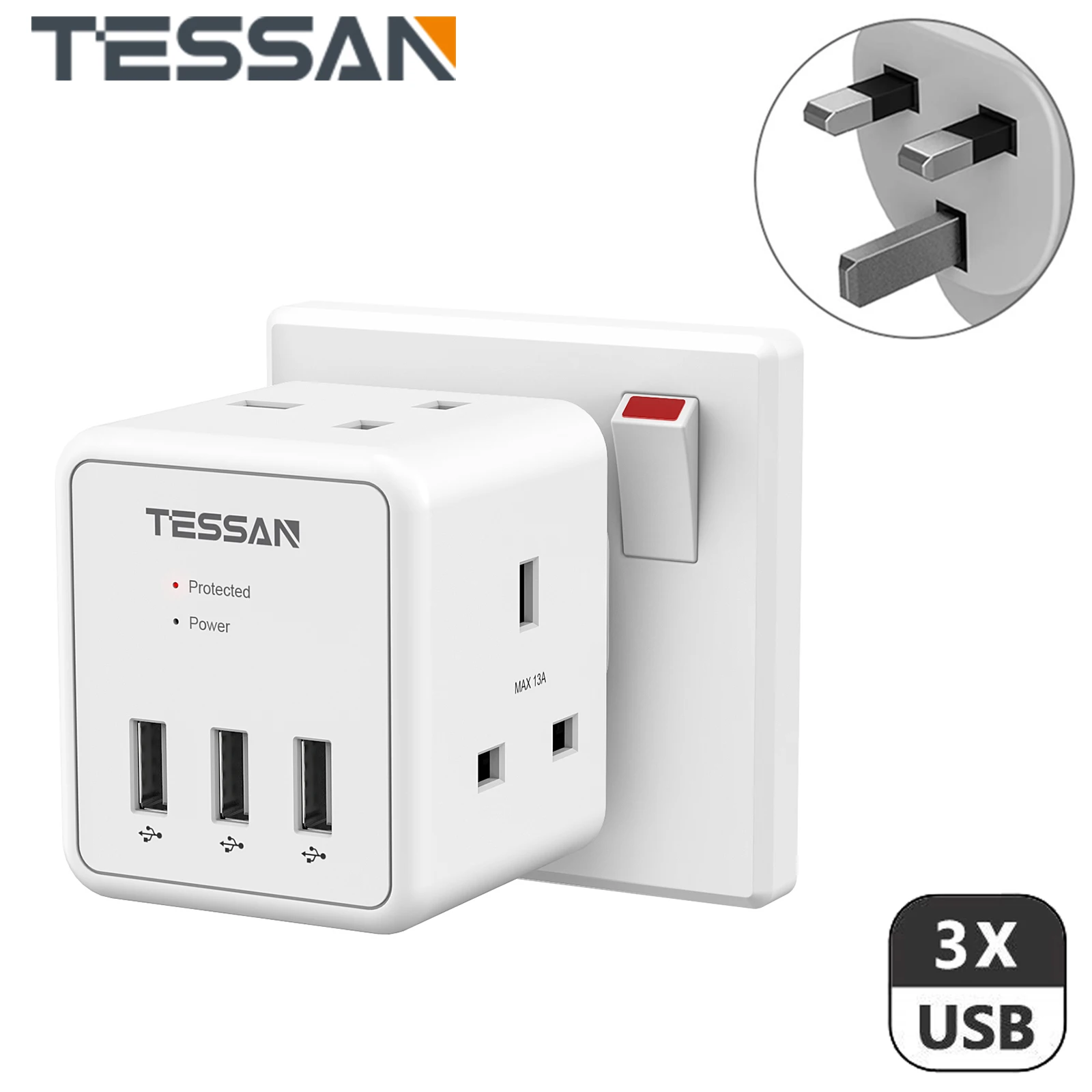 TESSAN Double Plug Adapter with 3 USB Ports, Multi Sockets Plugs Extension Wall Charger Adapter 13A Power Socket for Home, White
TESSAN Double Plug Adapter with 3 USB Ports, Multi Sockets Plugs Extension Wall Charger Adapter 13A Power Socket for Home, White