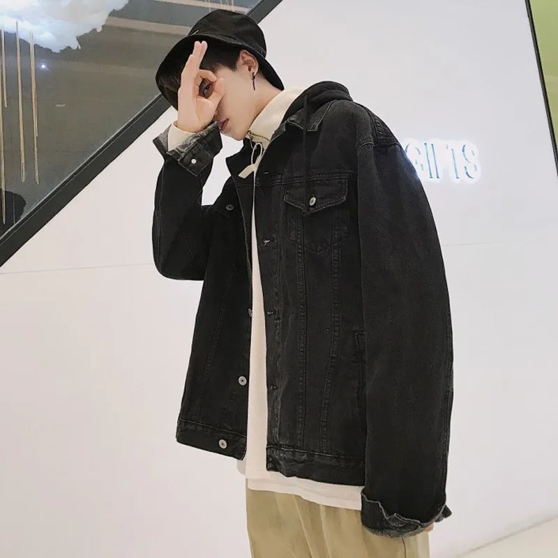 Мужская джинсовая куртка свободного кроя с капюшоном мешковатая в Корейском