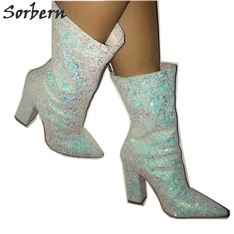 Sorbern White Sequines Ankle Boots Pointed Toe Block High Heels Chunky Heeled Ladies Booties Short Custom Olors Big Size 
Sorbern White Sequines Ankle Boots Pointed Toe Block High Heels Chunky Heeled Ladies Booties Short Custom Olors Big Size