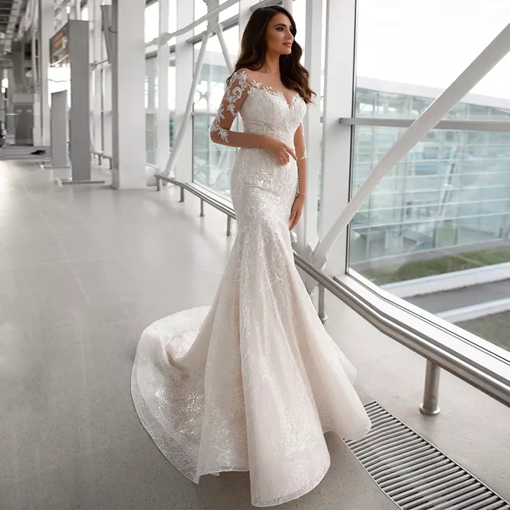 Sexy Sparkling Sequin Lace Mermaid Wedding Dresses Sheer Scoop Neck Long Sleeves Appliques Sweep Train Illusion Bridal Gowns
Sexy Sparkling Sequin Lace Mermaid Wedding Dresses Sheer Scoop Neck Long Sleeves Appliques Sweep Train Illusion Bridal Gowns