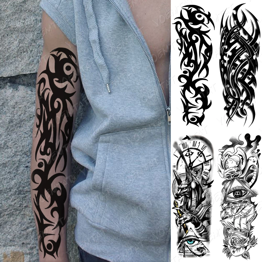 

Водостойкие Временные татуировки на всю руку, наклейки, большой пламя, родовой тотем, цветок, флеш-татуировки, Мужское боди-арт, имитация рук...
