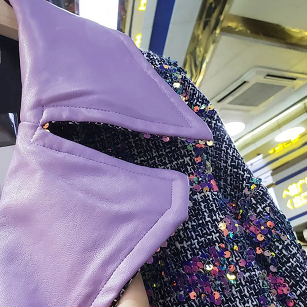 Two Piece Sets Women Fashion PU Short Jacket + Short Skirt Suit Purple Lurex Color Block Autumn Winter 2020 Ladies Outwear Suit
Two Piece Sets Women Fashion PU Short Jacket + Short Skirt Suit Purple Lurex Color Block Autumn Winter 2020 Ladies Outwear Suit