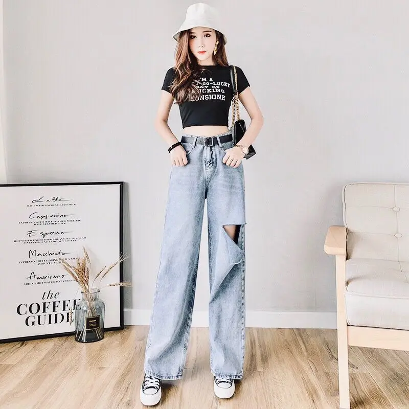 Jeans women's wide leg high waist Hong Kong style spring and summer new fashion thin versatile trend straight tube loose hole
Jeans women's wide leg high waist Hong Kong style spring and summer new fashion thin versatile trend straight tube loose hole