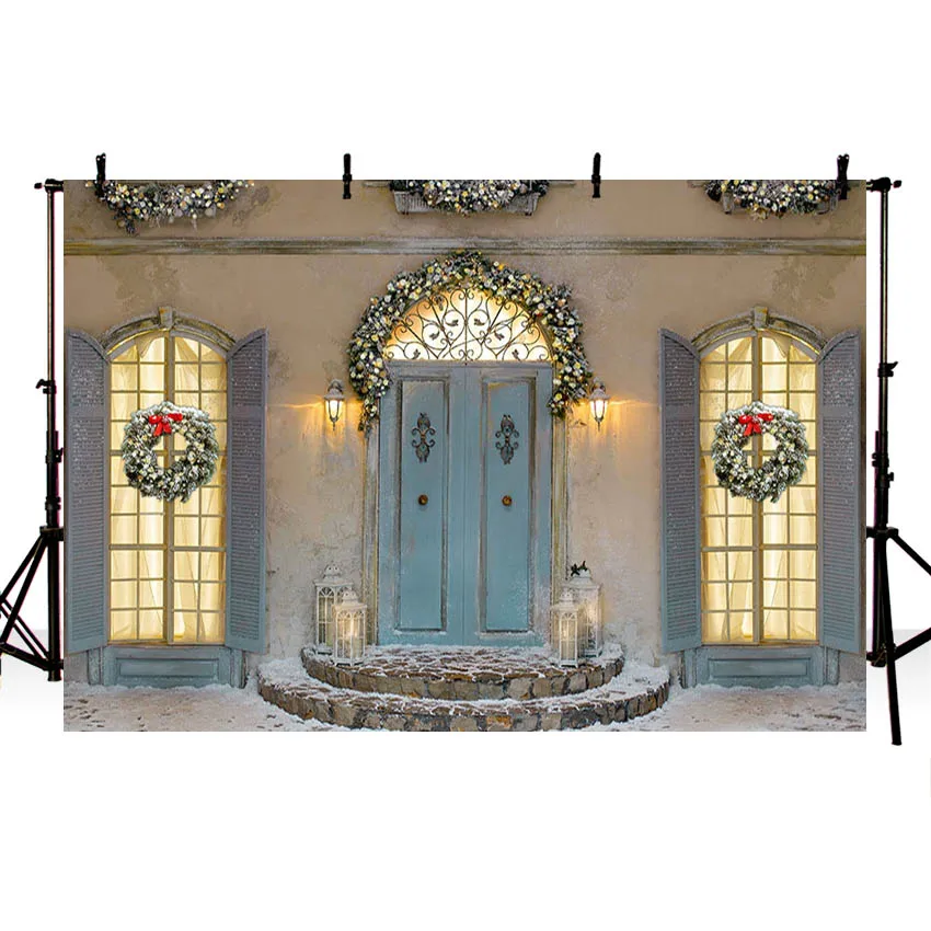 Фон Mehofond зима Рождество синяя деревянная дверь блестящий свет окно ребенок