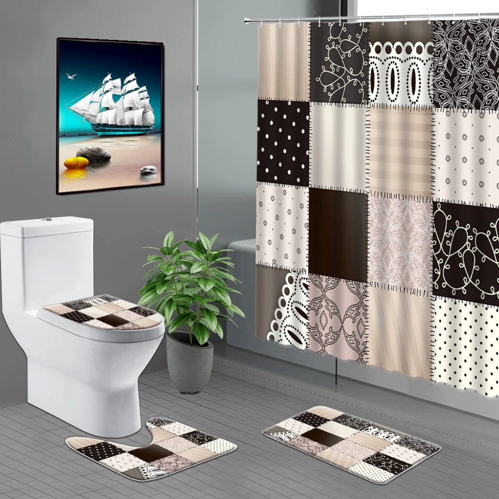 Geometric Patch Stitching Pattern Bathroom Curtain 4PCS Shower Curtains Set Bath Mats Rugs Carpet Toilet Decor Bathroom Products
Geometric Patch Stitching Pattern Bathroom Curtain 4PCS Shower Curtains Set Bath Mats Rugs Carpet Toilet Decor Bathroom Products