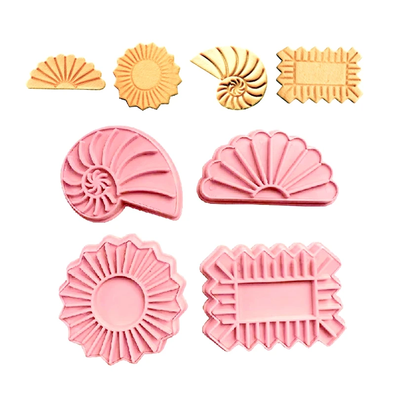 

4pcs/set Sandwich Biscuit Mould Fan Conch Sun Wave Pattern Cookie Stamp Cake Pastry Art Cake Fondant Decoration Baking Tools