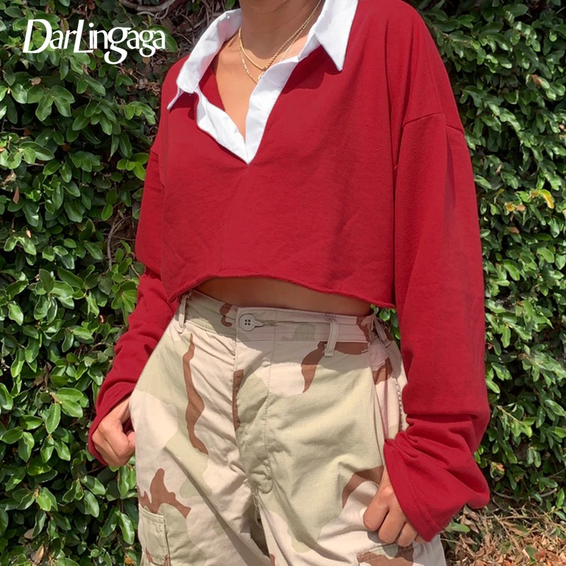 Повседневные укороченные свитшоты Darlingaga с отложным воротником женские Топы Harajuku осенний пуловер в стиле преппи с длинным рукавом свитшоты 
Повседневные укороченные свитшоты Darlingaga с отложным воротником женские Топы Harajuku осенний пуловер в стиле преппи с длинным рукавом свитшоты