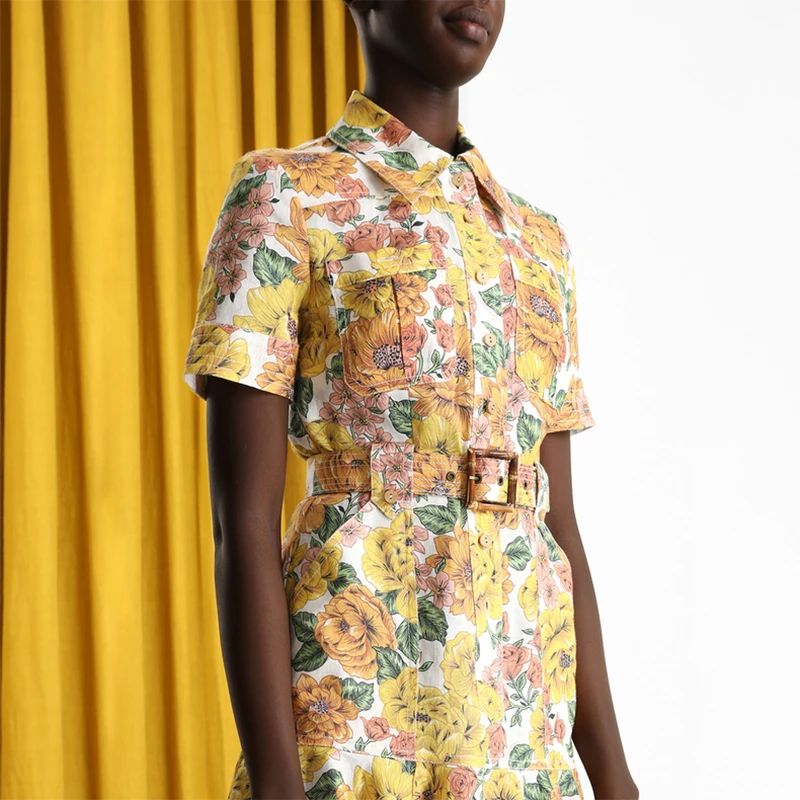 Workwear dress Fashion Summer Women's Lapel Collar Yellow Floral Pattern Breast Pocket Decoration Short Sleeve Sexy Ruffle dress
Workwear dress Fashion Summer Women's Lapel Collar Yellow Floral Pattern Breast Pocket Decoration Short Sleeve Sexy Ruffle dress