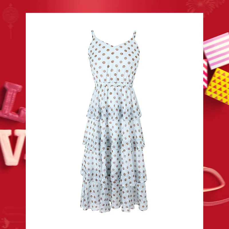 Spring 2020 new boutique women's polka dot medium length cake ladies show thin suspender dress 63237
Spring 2020 new boutique women's polka dot medium length cake ladies show thin suspender dress 63237