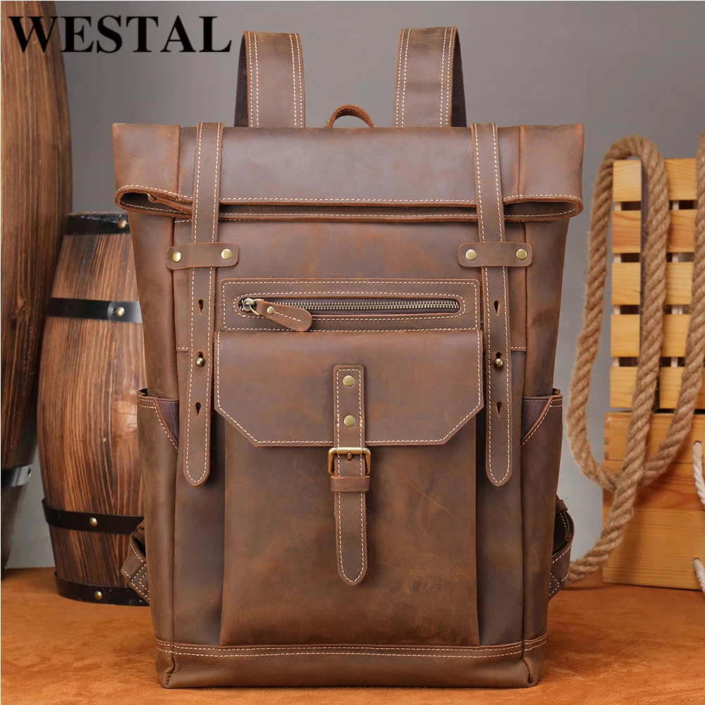 

Рюкзак WESTAL мужской для ноутбука, ранец из кожи Крейзи Хорс, деловой школьный портфель, винтажный рюкзак, простая сумка для ноутбука