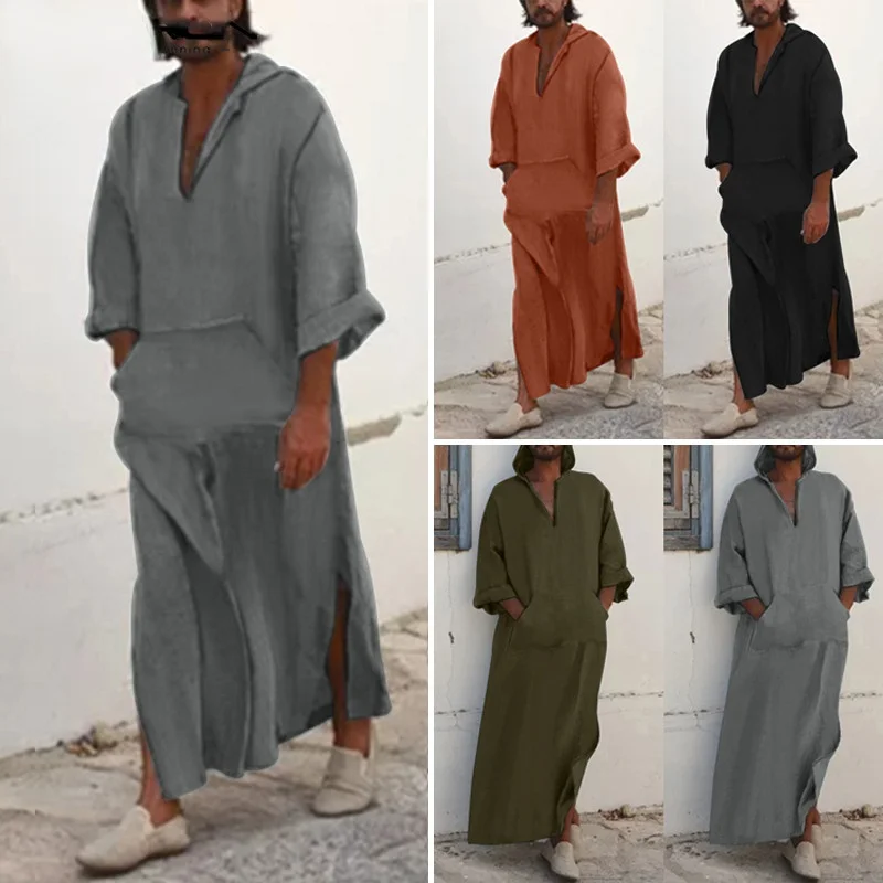 

INCERUN Islamic Arabic Kaftan Men Jubba Thobe Cotton Solid Long Sleeve Hooded Robes Dubai Middle East Men Muslim Clothes Abaya