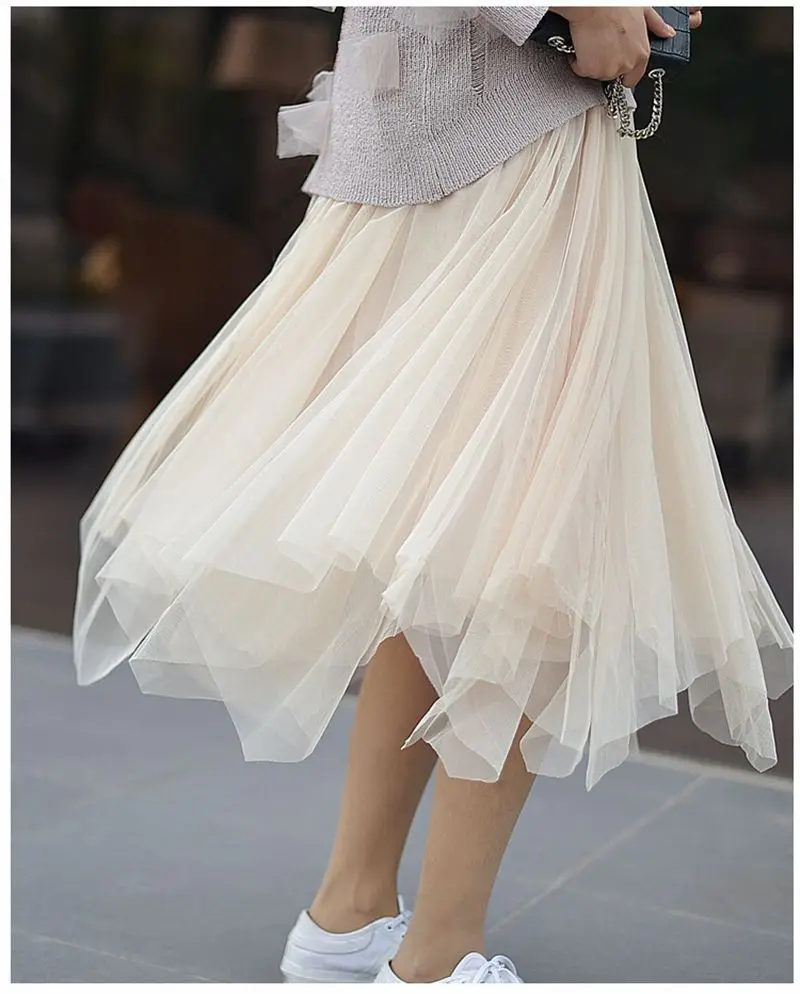 Женская трехслойная фатиновая юбка-пачка средней длины ассиметричные