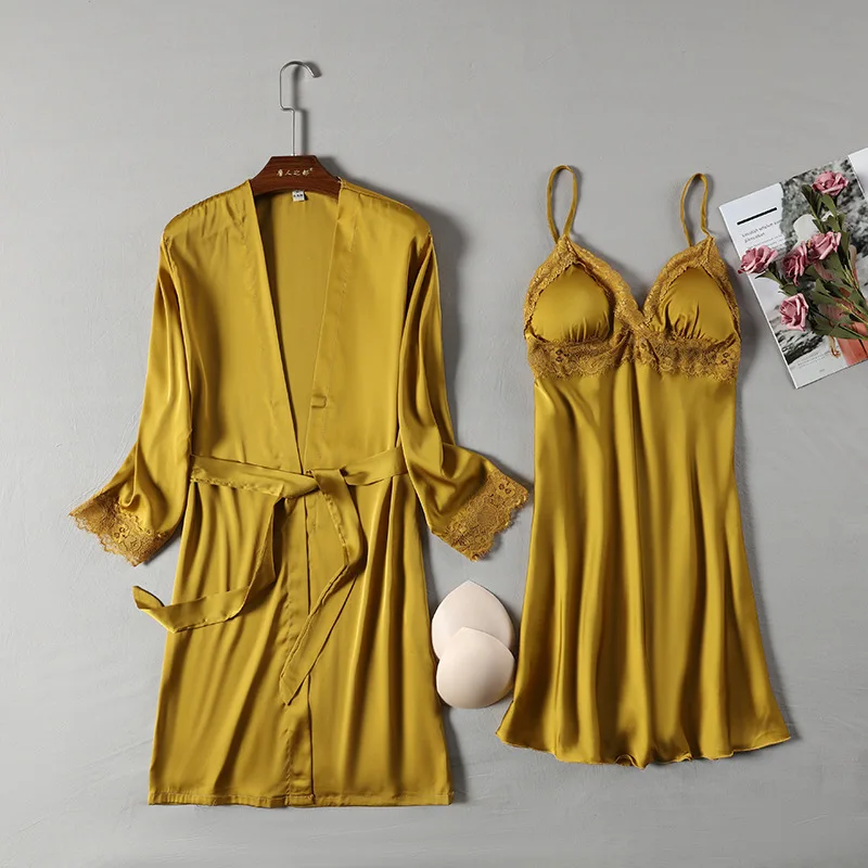 

FZSLCYIYI Сексуальная кружевная отделка халат комплект для женщин 2 шт. ночные рубашки спальный костюм шелковая одежда для сна женский пеньюар
