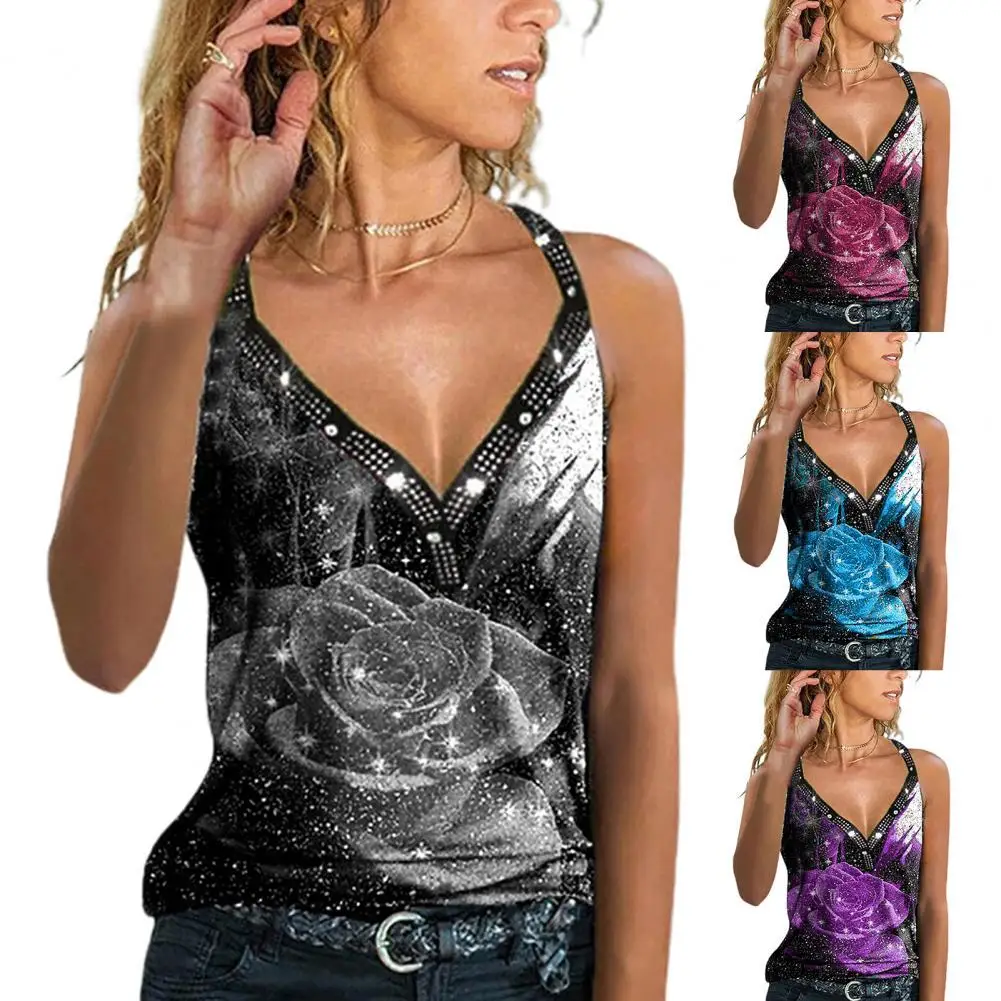 Summer Women's Clothes 2021 V Neck Rose Flower Print Sleeveless T-shirt Thin Rhinestone Sling Vest Top 
Summer Women's Clothes 2021 V Neck Rose Flower Print Sleeveless T-shirt Thin Rhinestone Sling Vest Top