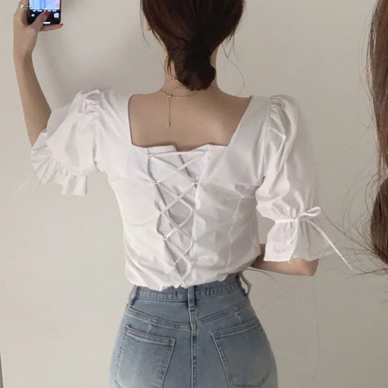 Блузка Lucyever женская с квадратным вырезом, однобортная Однотонная рубашка с перекрестной шнуровкой сзади, с пышными рукавами, в Корейском ст... 
Блузка Lucyever женская с квадратным вырезом, однобортная Однотонная рубашка с перекрестной шнуровкой сзади, с пышными рукавами, в Корейском ст...