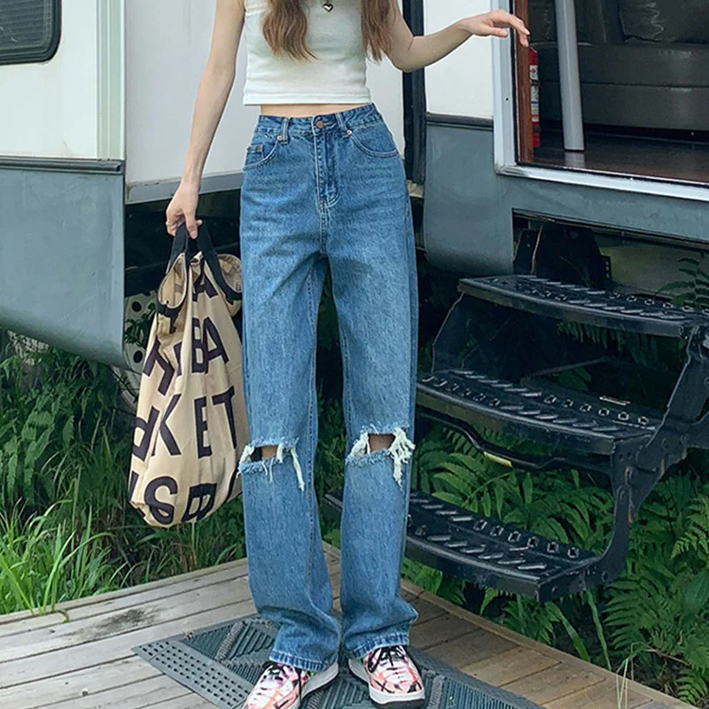 Women Dark Blue Ripped Jeans High Waist Full Length Baggy Denim Wide-leg Pants 2021 Vintage Casual Loose Hole Straight Trousers
Women Dark Blue Ripped Jeans High Waist Full Length Baggy Denim Wide-leg Pants 2021 Vintage Casual Loose Hole Straight Trousers