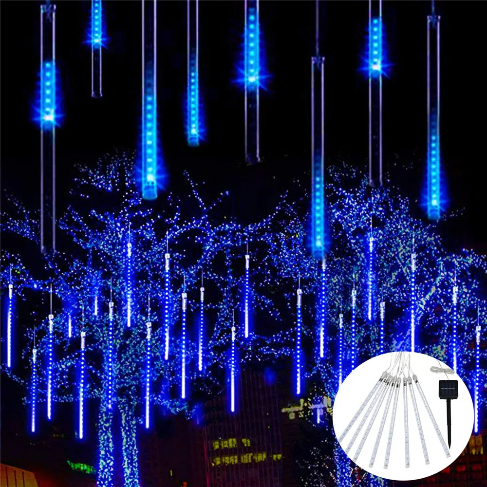

Solar Meteor Shower Rain Lights Outdoor 30cm 8 Tubes 144LED Falling Rain Lights Icicle Snow Cascading Christmas Tree Decoration