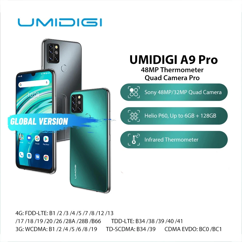 

Unlocked UMIDIGI A9 Pro SmartPhone 32/48MP Quad Camera 24MP Selfie Camera 4GB 64GB/6GB 128GB Helio P60 6.3" FHD+ Global Version