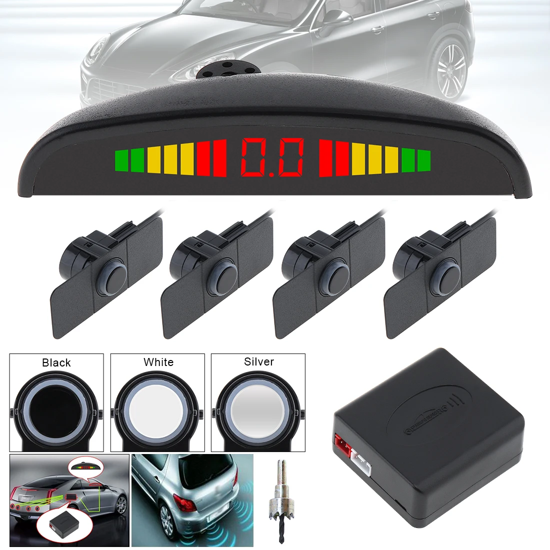 Car LED Parking Sensor Kit 4 Sensors 16.5mm Reverse Radar Sound Alert Indicator System 3 Colors with LED Display & Wings for Car
Car LED Parking Sensor Kit 4 Sensors 16.5mm Reverse Radar Sound Alert Indicator System 3 Colors with LED Display & Wings for Car