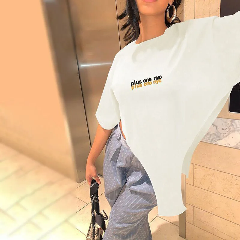 Gothic Letter Print Asymmetrical T Shirt Women 2021 Summer Short Sleeve Loose T-Shirt Female Streetwear Casual Triangle Tops
Gothic Letter Print Asymmetrical T Shirt Women 2021 Summer Short Sleeve Loose T-Shirt Female Streetwear Casual Triangle Tops