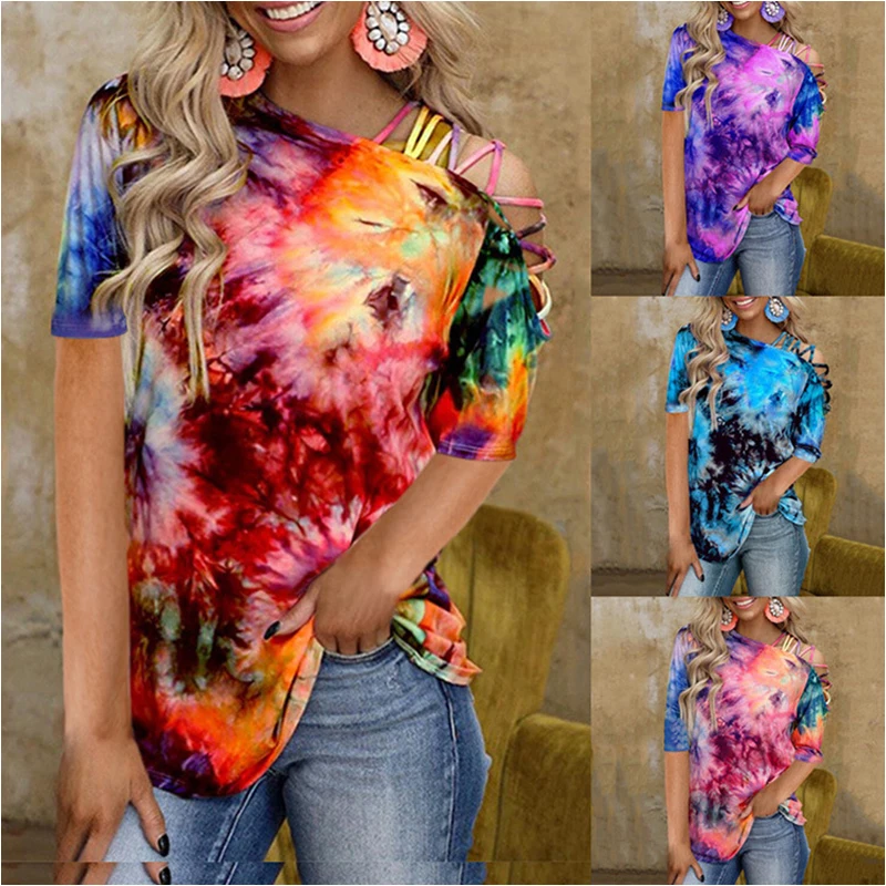 Hollow Out T-Shirt Tie Dye Women Short Sleeve Vintage Trend Off-Shoulder Diagonal Collar Harajuku Casual Outfits Streetwear 2021
Hollow Out T-Shirt Tie Dye Women Short Sleeve Vintage Trend Off-Shoulder Diagonal Collar Harajuku Casual Outfits Streetwear 2021