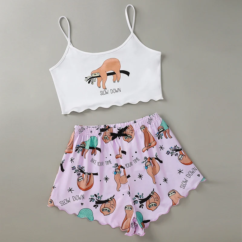 2021 Casual Lovely Cartoon Sloth SLOWN DOWN Letter Printed Camis Shorts Two Pieces Women Pajama Sets Dropshipping
2021 Casual Lovely Cartoon Sloth SLOWN DOWN Letter Printed Camis Shorts Two Pieces Women Pajama Sets Dropshipping