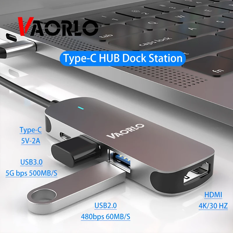 

Адаптер VAORLO Type-C на HDMI, стандартная док-станция 4 в 1, USB с портом быстрой зарядки PD для ноутбука, смартфонов Huawei