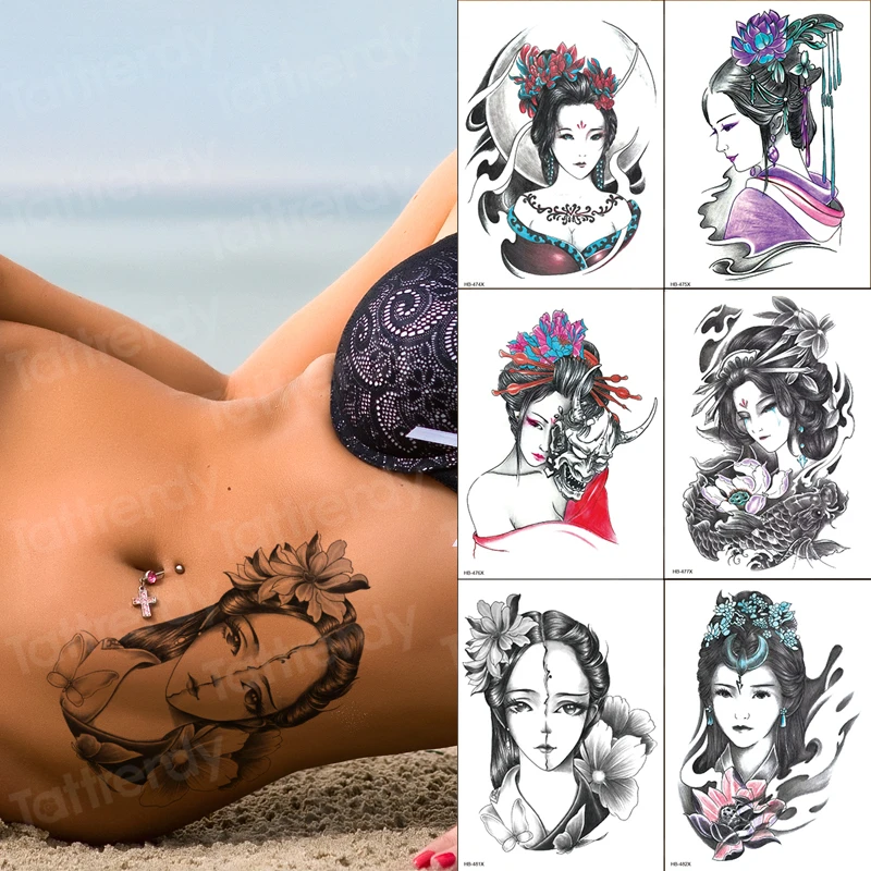6 шт./лот японские татуировки гейши наклейки для женщин тело талия рука искусство