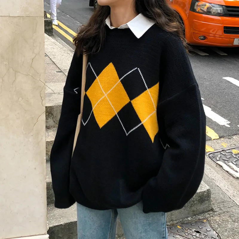 Woman Jumper Black Korean College Style Autumn Winter Geometric Pattern Argyle Pullovers Loose Oversized O-neck Knitted Sweaters
Woman Jumper Black Korean College Style Autumn Winter Geometric Pattern Argyle Pullovers Loose Oversized O-neck Knitted Sweaters
