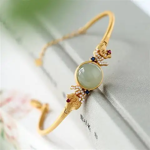 Original S925 Sterling Silver Inlaid Hetian Jade Gray Jade Ancient Style Classical Elegant Graceful Female Open Goddess Brace La 
Original S925 Sterling Silver Inlaid Hetian Jade Gray Jade Ancient Style Classical Elegant Graceful Female Open Goddess Brace La