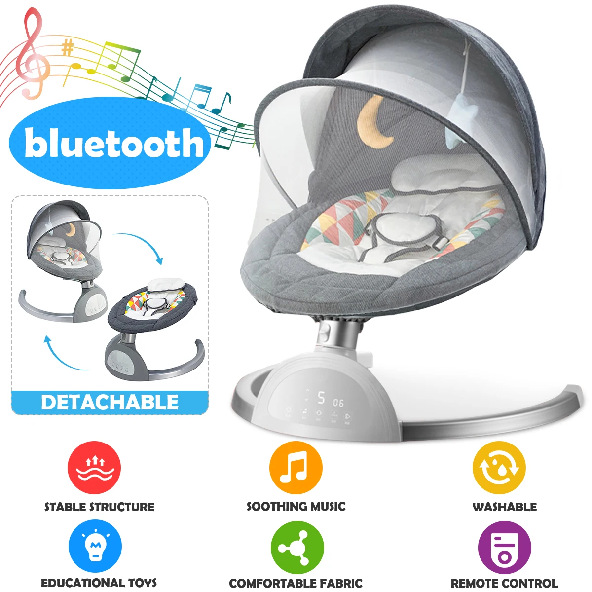 Baby Smart Electric Baby Cradle with Safe Five-point Seat Belt Crib Rocking Chair Newborn Calm Chair Bluetooth with Belt Remote
Baby Smart Electric Baby Cradle with Safe Five-point Seat Belt Crib Rocking Chair Newborn Calm Chair Bluetooth with Belt Remote