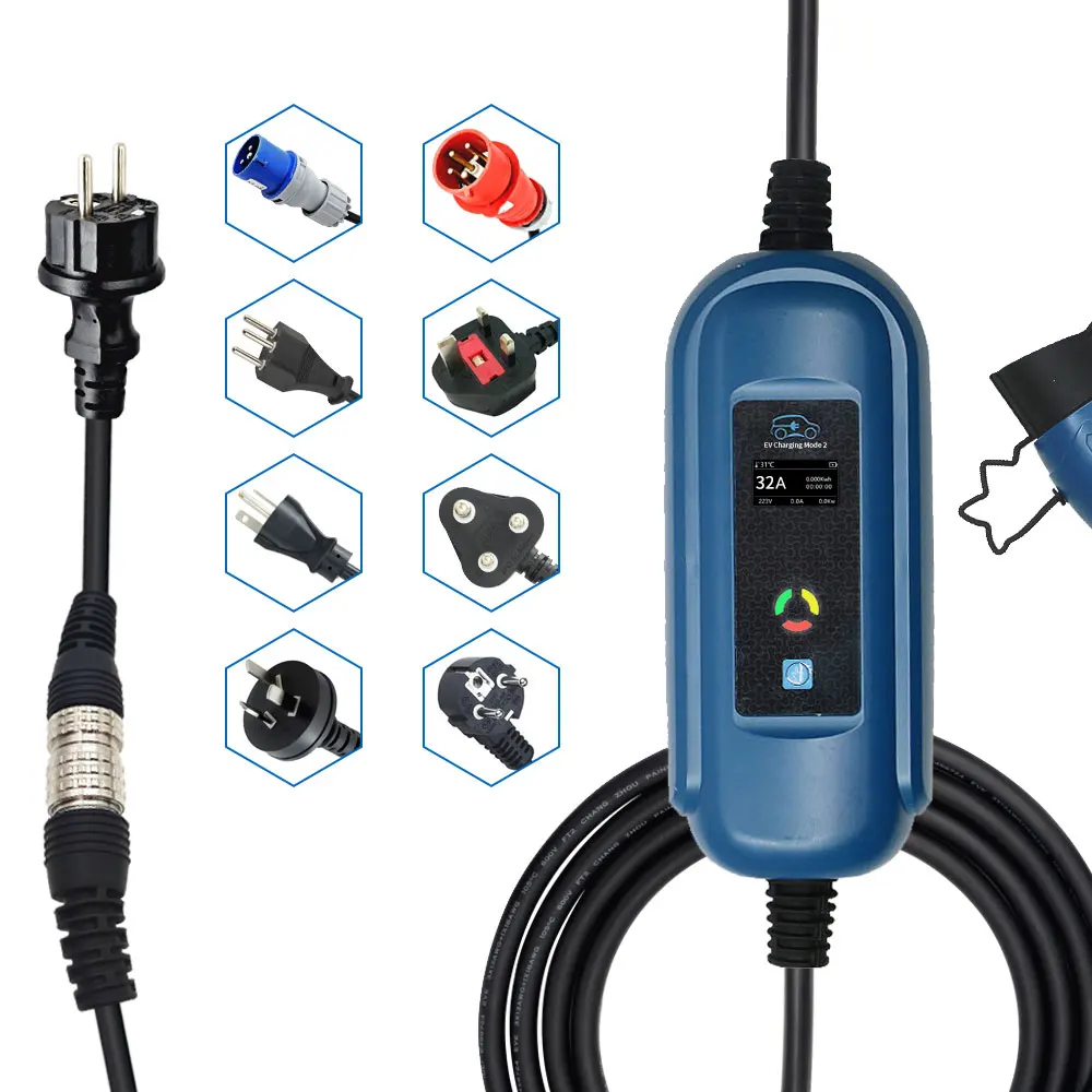 Регулируемый автомобильный кабель для зарядки evse 32a saej1772 с сине-красным разъемом