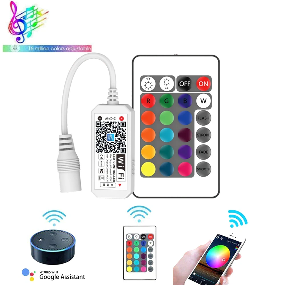 Smart WiFi LED Controller DC5-24V with 24-Key Remote Control for RGB Light Strip Android iOS Alexa Google Home
Smart WiFi LED Controller DC5-24V with 24-Key Remote Control for RGB Light Strip Android iOS Alexa Google Home