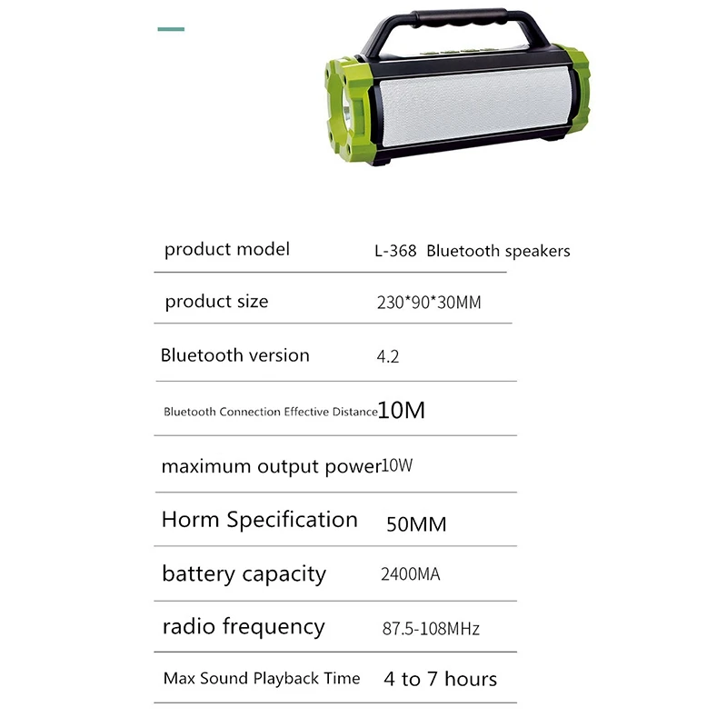 Multifunction Bluetooth Speaker FM Radio Portable Outdoor Mp3 Player Stereo Speaker Support USB TF Card AUX Flashlight
Multifunction Bluetooth Speaker FM Radio Portable Outdoor Mp3 Player Stereo Speaker Support USB TF Card AUX Flashlight