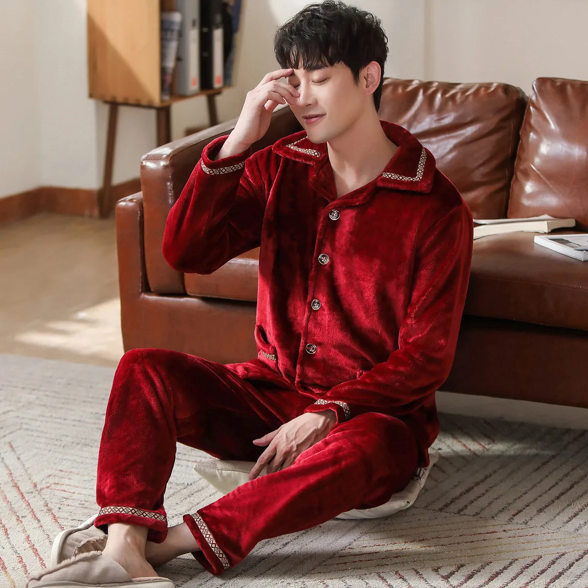 Зимняя винно-красная пижама Мужская Фланелевая одежда для сна мягкий теплый
