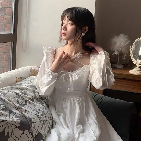 New 2021French retro white square collar long-sleeved dress summer fairy super fairy temperament sweet little white dress was 
New 2021French retro white square collar long-sleeved dress summer fairy super fairy temperament sweet little white dress was