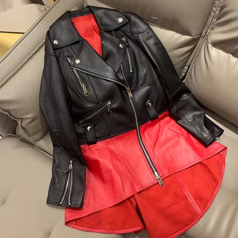 Women's Coat Spring Red Dress Design 2021 New Fashion Genuine Leather Jacket Joining Together Turn-Down Collar Overcoat | Женская