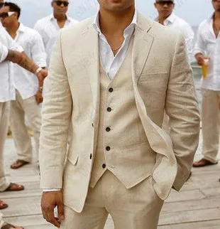 

Костюм мужской льняной бежевый, повседневный пляжный Свадебный костюм для мужчин, Блейзер, смокинг для жениха на заказ, пиджак и брюки, 3 пре...