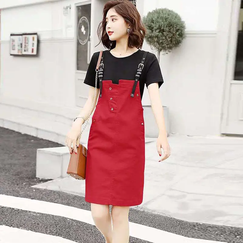 Women 2021 Summer Sets Female Short Sleeve T-Shirt and Suspender Knee-Length Dress 2 Piece Suit Ladies Chic Casual Outfits A865
Women 2021 Summer Sets Female Short Sleeve T-Shirt and Suspender Knee-Length Dress 2 Piece Suit Ladies Chic Casual Outfits A865