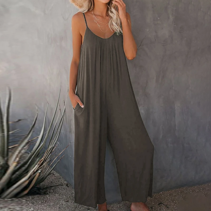 2021 Rompers Women Jumpsuits Summer Sleeveless Playsuits New Style Casual Loose Solid Color Pocket Trousers