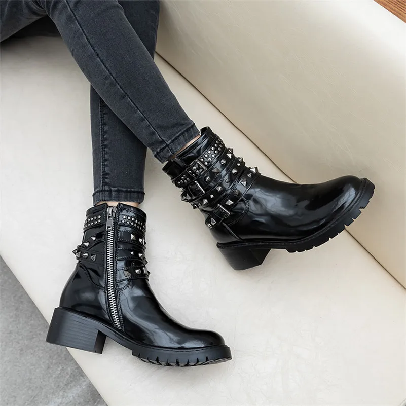 Meotina Autumn Motorcycle Boots Women Patent Leather Zipper Thick Heel Ankle Boots Rivets Buckle Round Toe Shoes Lady Size 34-39 
Meotina Autumn Motorcycle Boots Women Patent Leather Zipper Thick Heel Ankle Boots Rivets Buckle Round Toe Shoes Lady Size 34-39