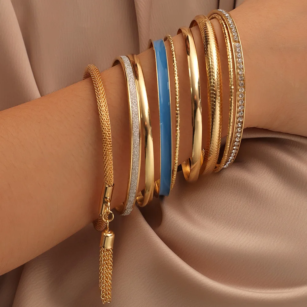 

Big Round Statement 9PCS/SET Gold Color Crystals Tassel Punk Bracelet Bangles for Women Female Gold Fashion Bracelets